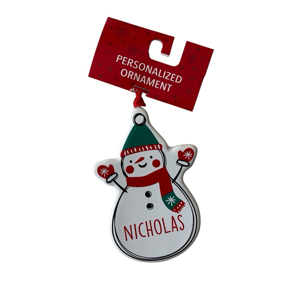 NICHOLAS Ornament Personalized Christmas Holiday Snowman Ceramic by Ganz